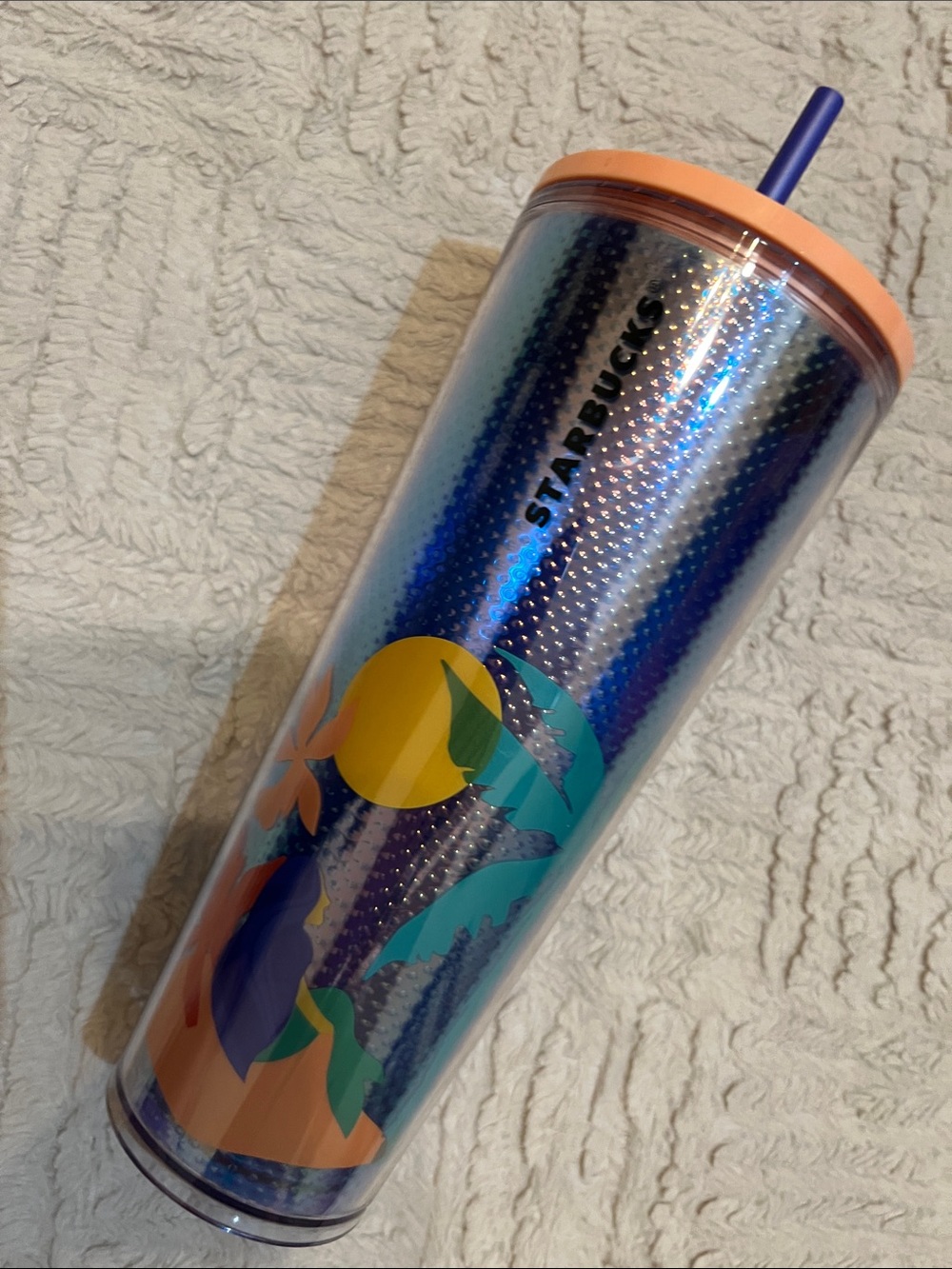 Starbucks Iridescent Blue Tumbler with Orange Lid and Purple Straw, 24 oz, New